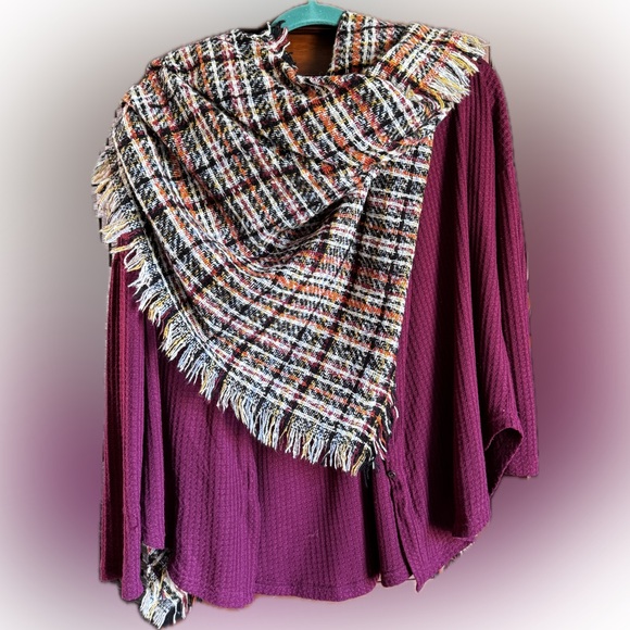 Fringed Blanket Scarf Shades of Burnt Orange Black Maroon Red Blue Cream Yellow - Picture 4 of 7